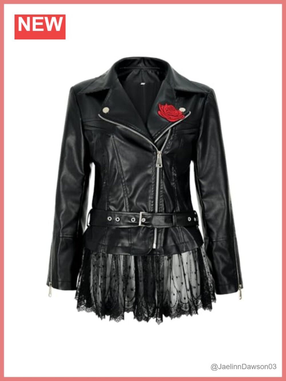 Faux Leather Moto Jacket Lace Peplum Rose Coat Long Sleeve Zip